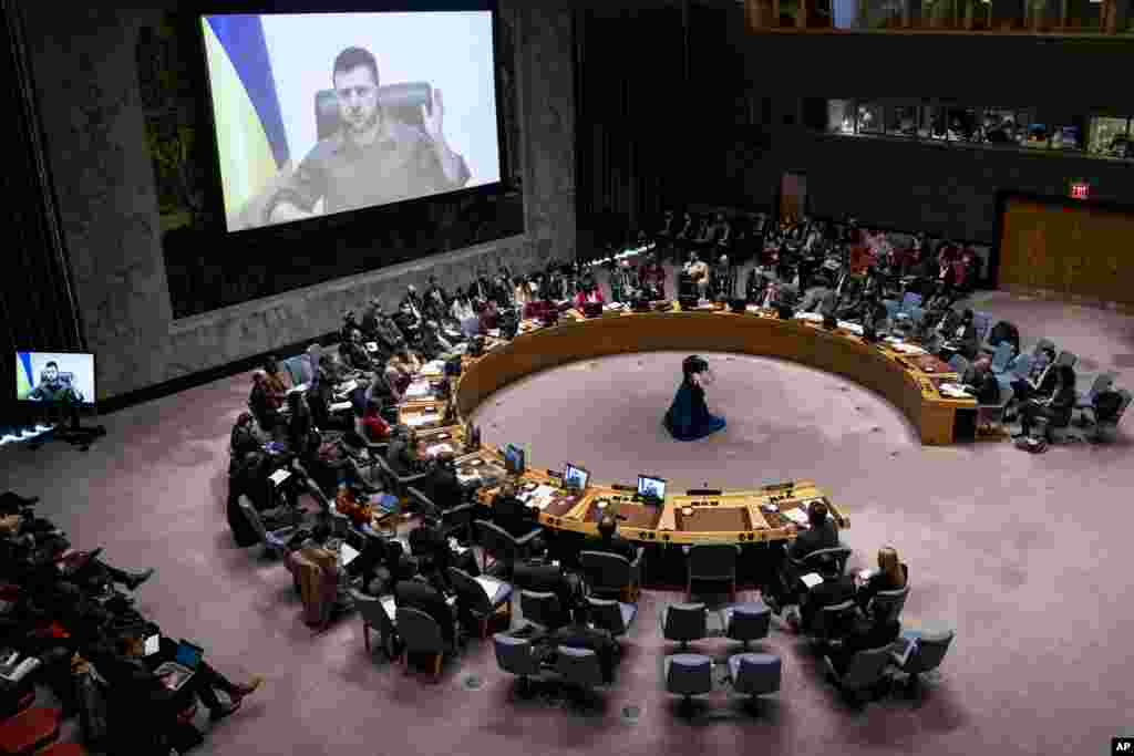 Ukrainian President Volodymyr Zelenskyy speaks via video during a meeting of the U.N. Security Council at United Nations headquarters in New York.