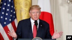 President Donald Trump speaks during a joint news conference with Japanese Prime Minister Shinzo Abe, in the East Room of the White House in Washington, Feb. 10, 2017.