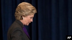 Democratic presidential candidate Hillary Clinton walks off the stage after conceding to Donald Trump in New York, Nov. 9, 2016. While Clinton lost the all-important Electoral College, she is expected to win the popular vote.
