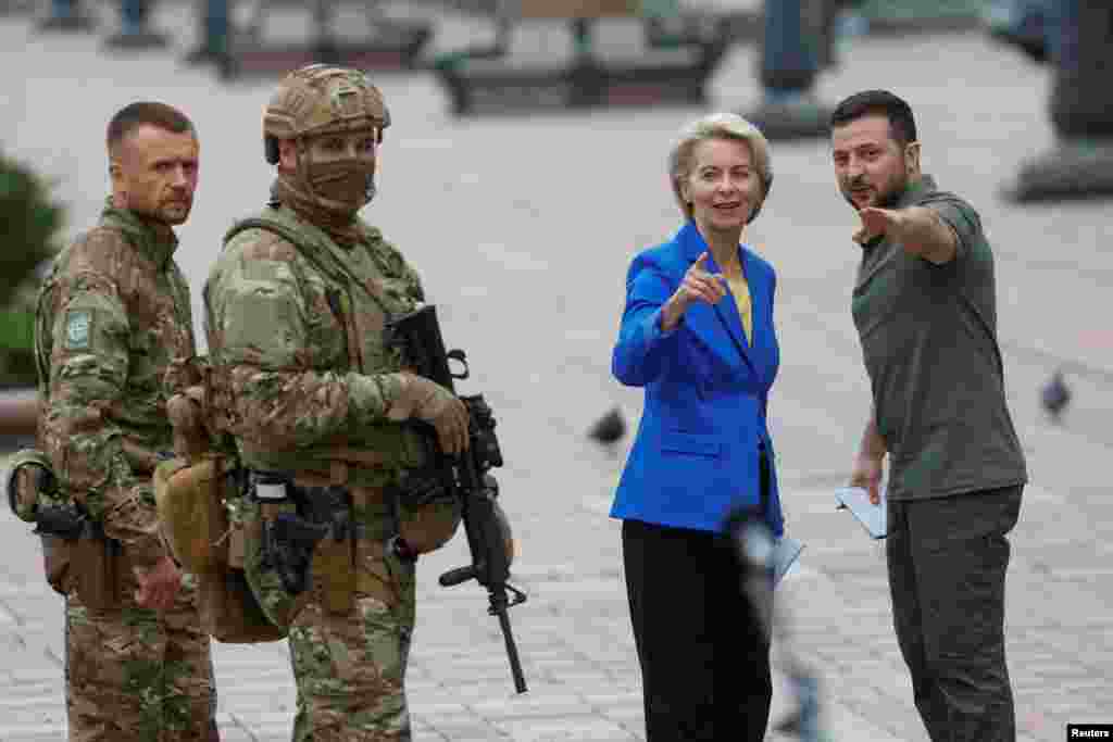 European Commission President Ursula von der Leyen and Ukraine's President Volodymyr Zelenskyy leave a joint news conference, as Russia's invasion of Ukraine continues, in Kyiv, Ukraine.