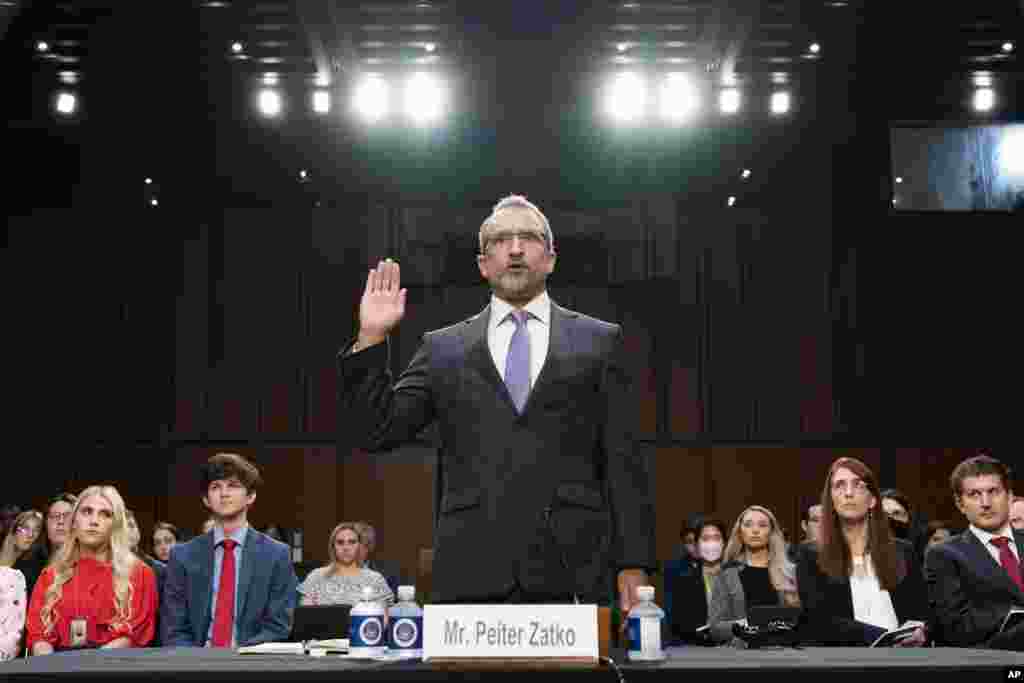 Twitter whistleblower Peiter Zatko is sworn in for a Senate Judiciary hearing examining data security at risk, in Washington.