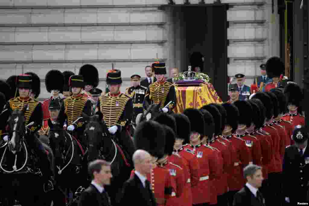 The coffin of Queen Elizabeth II is transported from Buckingham Palace to Westminster Hall in London, Sept. 14, 2022.