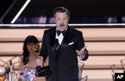 Jason Sudeikis accepts the Emmy for outstanding lead actor in a comedy series for "Ted Lasso" at the 74th Primetime Emmy Awards at the Microsoft Theater in Los Angeles, Sept. 12, 2022,