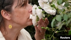 A visitor smells a rose as she attends the Chelsea Flower Show in London, Britain, May 26, 2022. (REUTERS/Toby Melville)