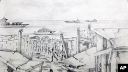 A black-and-white pencil drawing by Haitian earthquake victim Hugues Larose aboard the US Navy hospital ship Comfort