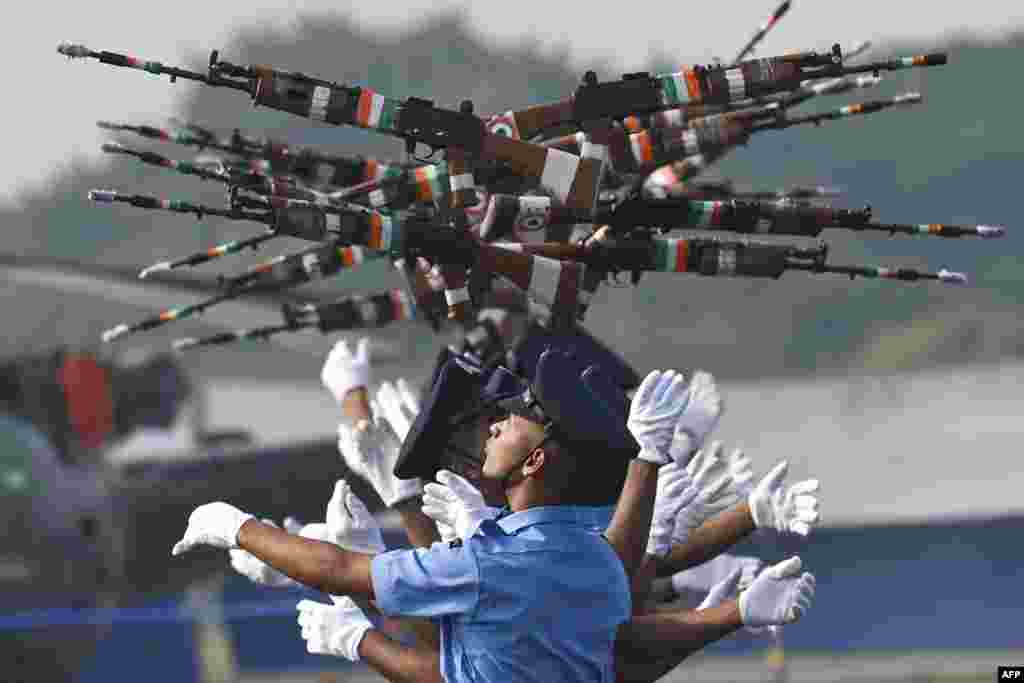 Indian Air Force cadets perform a drill during a graduation ceremony at Tambaram Air Force station in Chennai.