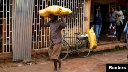 FILE: A Malawian subsistence farmer carries a bag of fertilizer near the capital Lilongwe, Malawi. Taken Feb. 1, 2016.