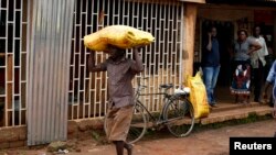 FILE: A Malawian subsistence farmer carries a bag of fertilizer near the capital Lilongwe, Malawi February 1, 2016. Late rains in Malawi threaten the staple maize crop and have pushed prices to record highs.