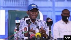 FILE - Teodoro Obiang Nguema, president of Equatorial Guinea, speaks during a news conference at the congress hall in Bata, Equatorial Guinea, Nov. 25, 2021. Obiang, seeking a sixth term as president, will stand for election Nov. 20, 2022.