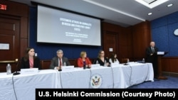 Jordan Warlick (U.S. Helsinki Commission) and Panelists Thomas Kent, Amanda Bennett, Nina Ognianova, and Karina Orlova with Representative Steve Chabot, October 4, 2017.