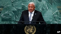 Prime Minister of Fiji Josaia Voreqe Bainimarama addresses the 77th session of the U.N. General Assembly, Sept. 23, 2022, at U.N. headquarters.
