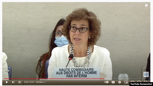 Quyền Cao ủy Nhân quyền LHQ Nada Al-Nashif phát biểu hôm 12/9/2022. Photo YouTube UN Office at Geneve.
