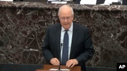 FILE - In this image from video, Ken Starr, an attorney for President Donald Trump speaks during closing arguments in the impeachment trial against Trump in the Senate at the U.S. Capitol in Washington, Feb. 3, 2020.
