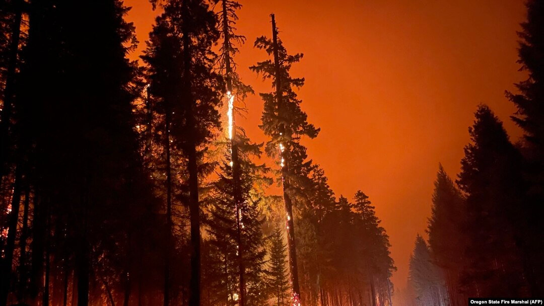 The Cedar Creek wildfire rages out of control in Oregon, Sept. 13, 2022, as residents face evacuation orders and worsening air quality as multiple blazes scorch the U.S. West. 