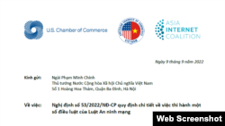 Phần đầu bức thư của đại diện các hiệp hội doanh nghiệp Hoa Kỳ gửi Thủ tướng Việt Nam Phạm Minh Chính ngày 9/9/2022. Photo AIC.