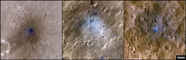 This collection of photos shows three meteoroid impacts detected by the seismometer on NASA’s InSight lander and captured by the agency’s Mars Reconnaissance Orbiter. (Image Credits: NASA/JPL-Caltech/University of Arizona)