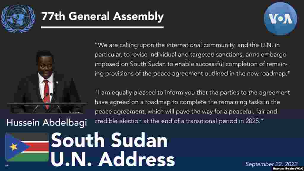 South Sudan's Vice President Hussein Abdelbagi addressed the 77th session of the United Nations General Assembly in New York, Tuesday, Sept. 22, 2022.  