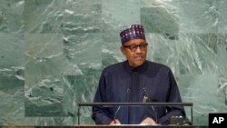 Shugaba Buhari a lokacin da yake gabatar da jawabinsa a zauren Majalisar Dinkin Duniya (AP)