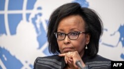 FILE: Then-Chair of the International commission of human rights experts on Ethiopia, Kaari Betty Murungi attends a press conference after the presentation of their first report during the 51th Human Rights Council in Geneva on September 22, 2022.