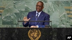 President of Senegal Macky Sall addresses the 77th session of the General Assembly at United Nations headquarters, Sept. 20, 2022.