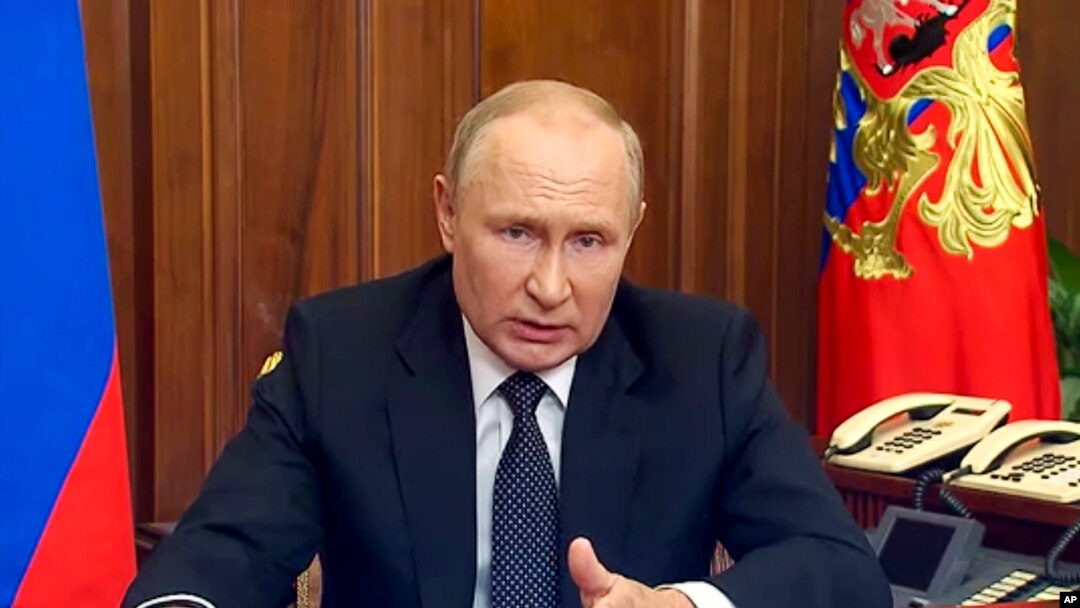Presiden Rusia Vladimir Putin menyampaikan pidato tahunannya di Moskow, Russia, Wednesday, Sept. 21, 2022. (Russian Presidential Press Service via AP)