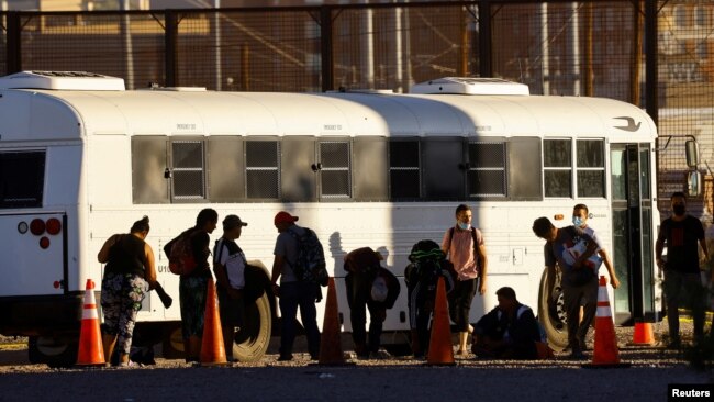 FILE - Migrants, mostly from Venezuela, requesting asylum in El Paso, Texas, as seen from Ciudad Juarez, Mexico, Sept. 23, 2022