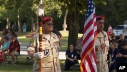 William Wind, U.S. Navy (retd) and Curtis Smith, U.S. Marine Corps (retd) help open ceremonies held at the Ocmulgee National Historical Park, Sept. 17, 2022, in Macon, Ga. 