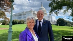 Baroness Helena Kennedy of Britain’s Labour Party and Sir Iain Duncan Smith of the Conservative Party co-founded IPAC in June 2020. They are seen at the second IPAC Summit, held in Washington in September 2022. (IPAC via Twitter)