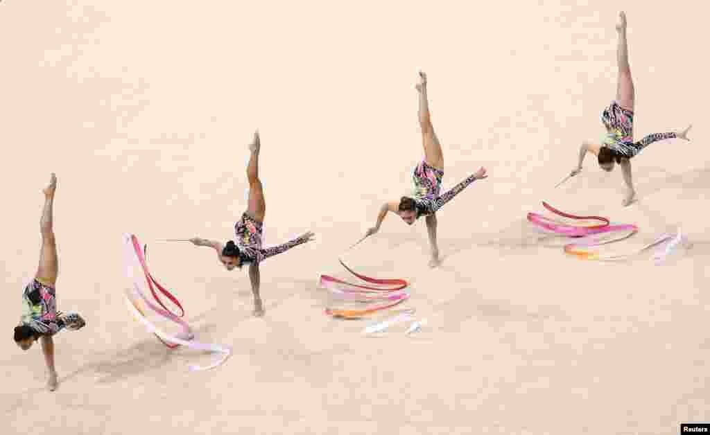 Team Mexico competes during the RGG 5 hoops final of the 39th FIG Rhythmic Gymnastics World Championships at the Arena Armeets in Sofia, Bulgaria.