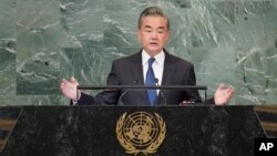 Chinese Foreign Minister Wang Yi addresses the 77th session of the United Nations General Assembly, at U.N. headquarters in New York, Sept. 24, 2022.