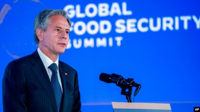 U.S. Secretary of State Antony Blinken speaks at a food security ministerial meeting during the 77th session of the U.N. General Assembly in New York, Sept. 20, 2022.