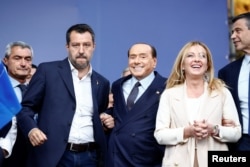 Matteo Salvini, Silvio Berlusconi i Gioriga Meloni na predizbornom mitingu u Rimu, septembar 2022.