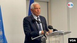 El jefe de la diplomacia europea, Josep Borrell, durante la conferencia de prensa en la sede de la Unión Europea ante las Naciones Unidas, en Nueva York. [Foto: Antoni Belchi, VOA].