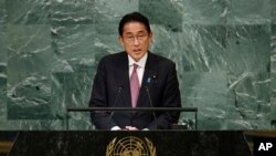 日本首相岸田文雄在纽约联合国大会发表讲话。（2022年9月20日）