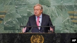 FILE - United Nations Secretary-General Antonio Guterres addresses the 77th session of the General Assembly at U.N. headquarters in New York City, Sept. 20, 2022.