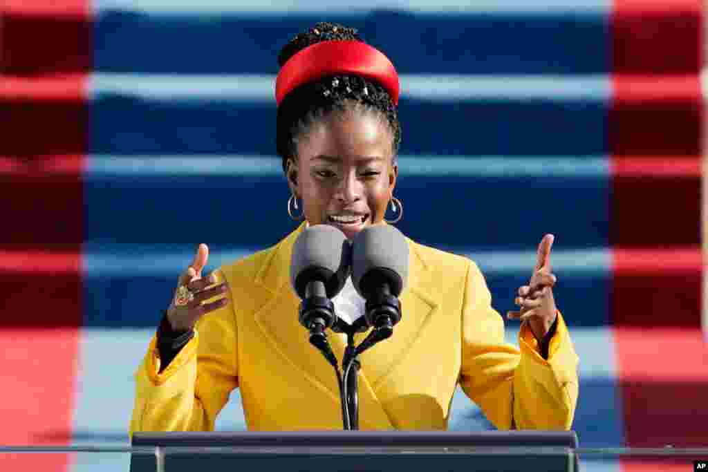 American poet Amanda Gorman reads a poem during the inauguration at the U.S. Capitol in Washington.