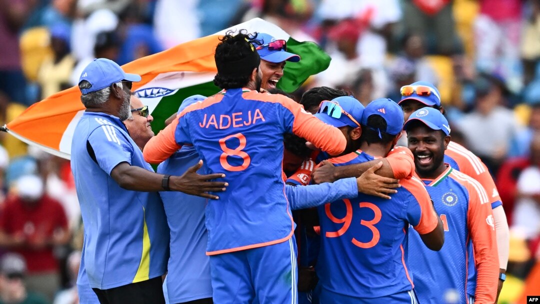 Team India celebrates after winning ICC men's Twenty20 World Cup 2024 final cricket match between India and South Africa at Kensington Oval in Bridgetown, Barbados, on June 29, 2024. (Photo by Chandan Khanna / AFP)