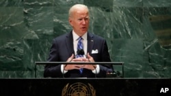  President Joe Biden addresses the 76th Session of the U.N. General Assembly, Tuesday, Sept. 21, 2021, at United Nations headquarters in New York. (Eduardo Munoz/Pool Photo via AP)
