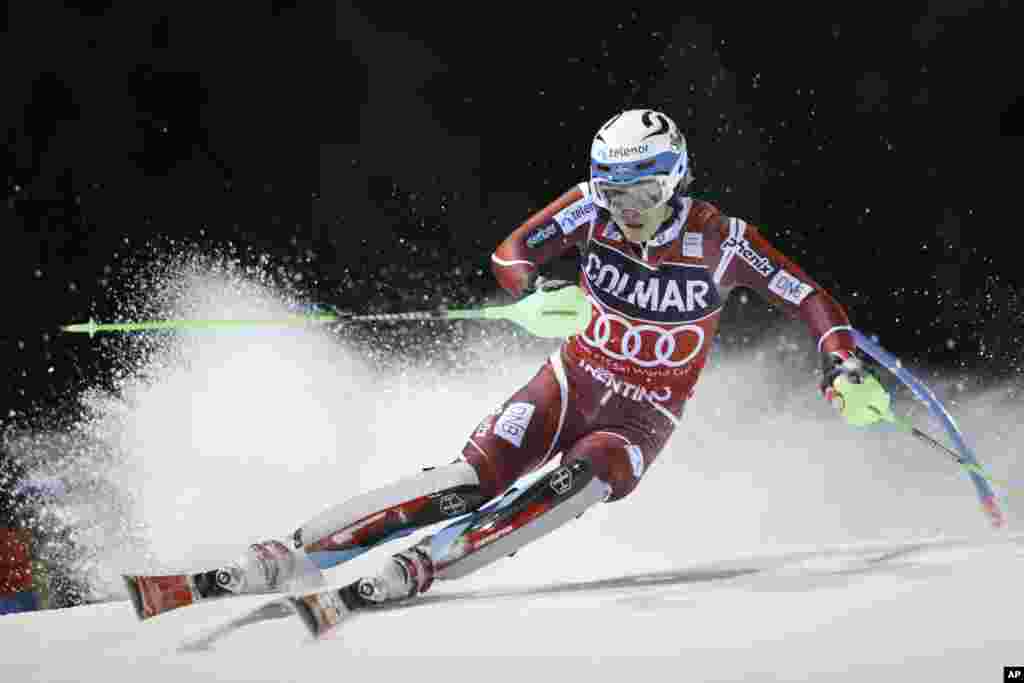Henrik Kristoffersen of Norway competes during an alpine ski event, the men&#39;s World Cup slalom, in Madonna Di Campiglio, Italy.