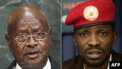 Rais wa Uganda Yoweri Museveni (kushoto) na mgombea wa urais Robert Kyagulanyi maarufu Bobi Wine (kulia)