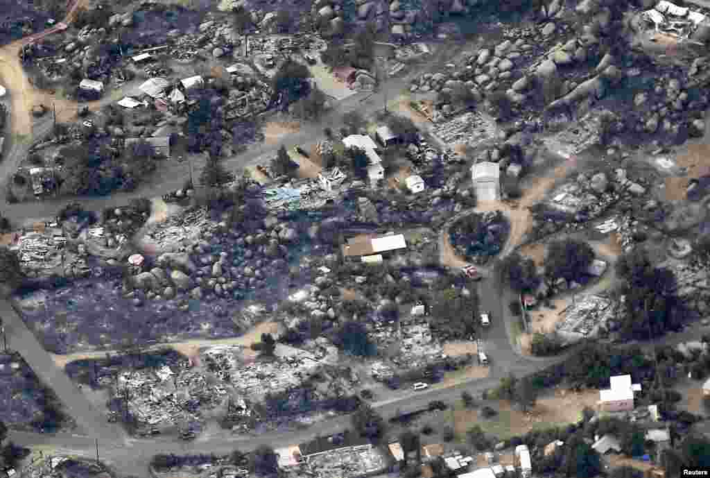 An aerial view of a section of the town of Yarnell, Arizona destroyed by a wildfire that ripped throught the town, July 1, 2013.