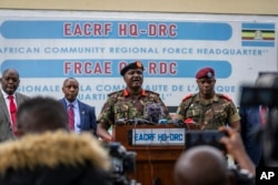 Kenya's Major-General Jeff Nyagah, force commander of the East African Community Regional Force (EACRF), speaks to the media outside the force headquarters in Goma, in eastern Congo, Nov. 16, 2022.