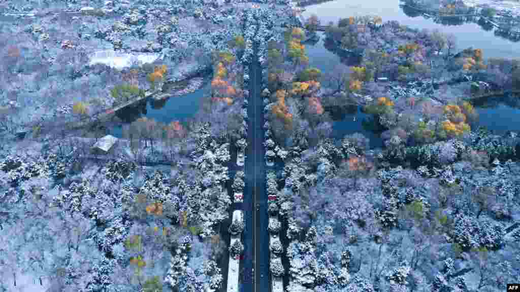 This aerial photo shows Beiling Park after snowfall in Shenyang, in China&#39;s northeastern Liaoning province.