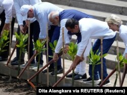 Dari kiri, Presiden AS Joe Biden, Perdana Menteri India Narendra Modi, Presiden Indonesia Joko Widodo dan Presiden Komisi Eropa Ursula von der Leyen menggunakan sekop saat melakukan kegiatan di area pembibitan bakau sebagai bagian dari KTT G20 di Denpasar.