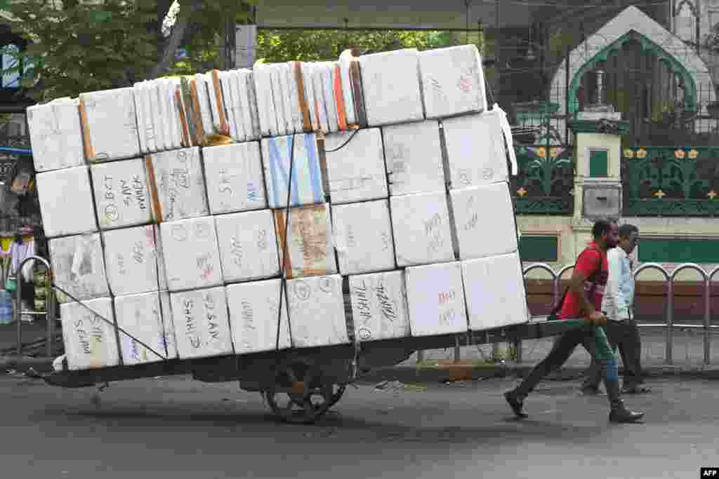 A man pulls a handcart loaded with polystyrene boxes to load fish from a market in Mumbai, India.