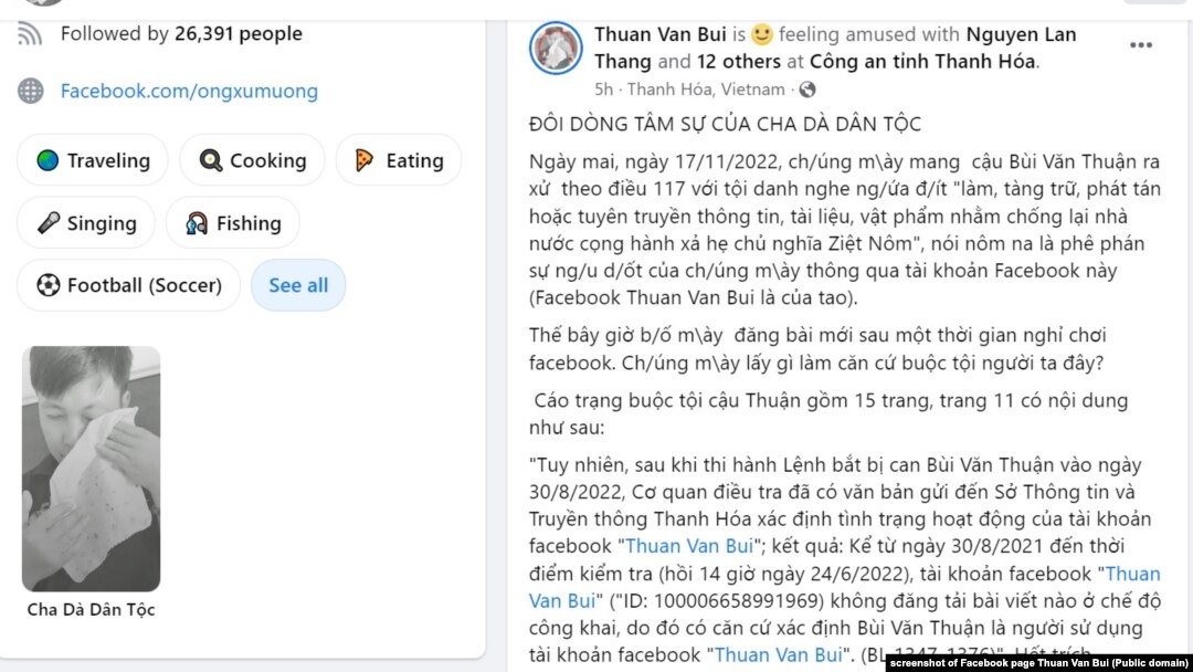 Xuất hiện các bài đăng mới trên trang Facebook Thuan Van Bui từ sáng sớm hôm 16/11/2022.