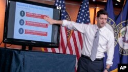 House Speaker Paul Ryan of Wisconsin uses charts and graphs to make his case for the Republican Party's long-awaited plan to repeal and replace the Affordable Care Act, during a news conference on Capitol Hill in Washington, March 9, 2017. 
