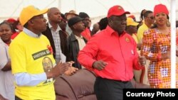 Prime Minister and MDC-T leader Morgan Tsvangirai and Mavambo Kusile Dawn party leader Simba Makoni preparing to address people at Sakubva Stadium, Mutare, Manicaland Province.