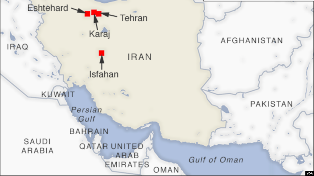 A map of Iran showing the cities of Tehran, Isfahan, Karaj and Eshtehard