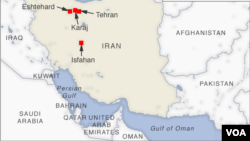 A map of Iran showing the cities of Tehran, Isfahan, Karaj and Eshtehard